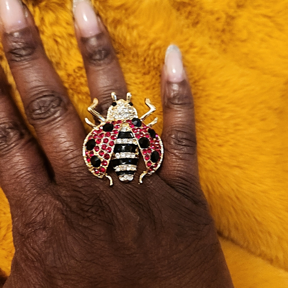 Gold-Tone Ladybug Cocktail Ring with Red and Black Crystals